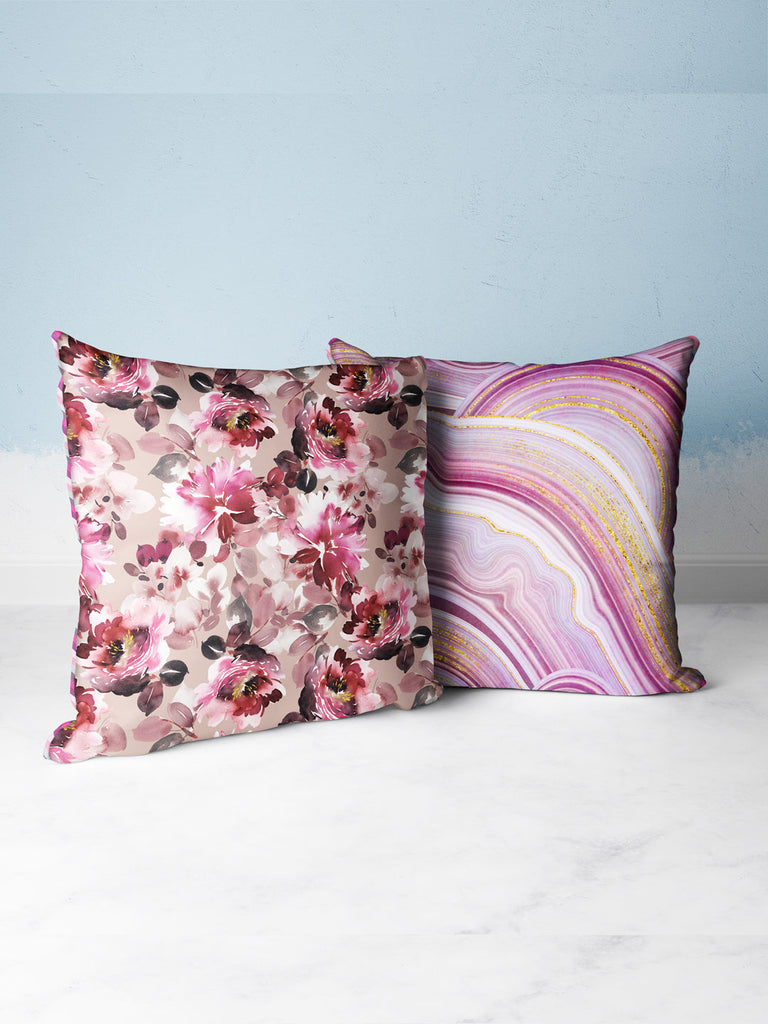 Designer Reversible Printed Silk Linen Cushion Covers <small> (floral-wine/plum)</small>